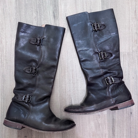 Frye Paige Buckle Brown Leather Knee-High Boots - Picture 2 of 5